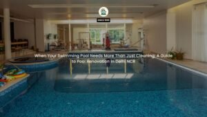 Renovated natural swimming pool with stone coping in Delhi NCR farmhouse