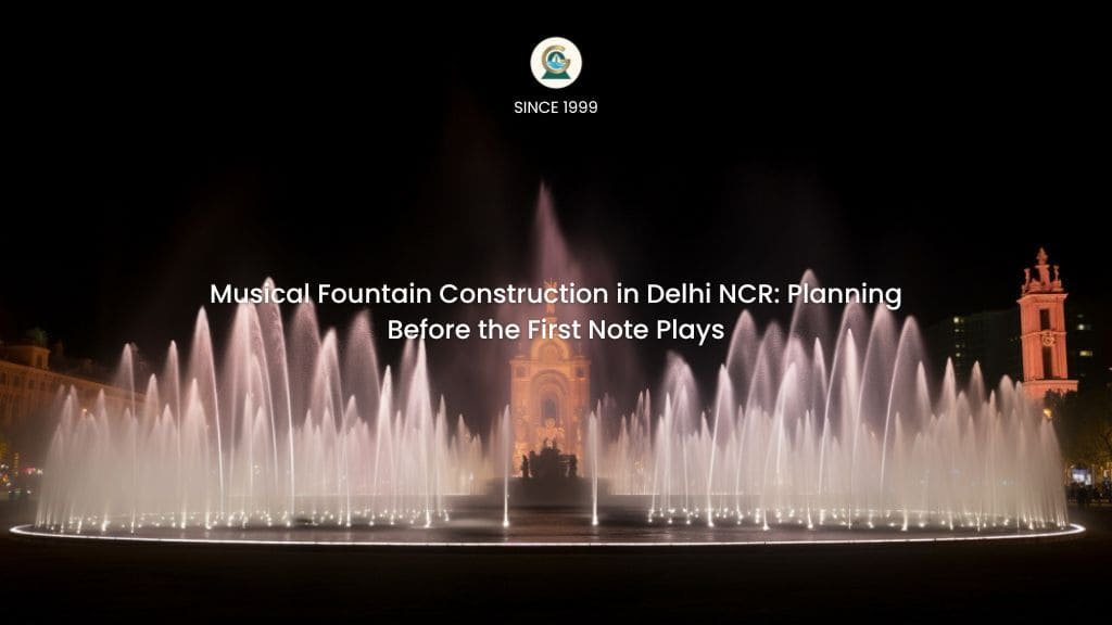Musical fountain construction in Delhi NCR, synchronized water and light system built by GreenEvolutions for resort and banquet properties